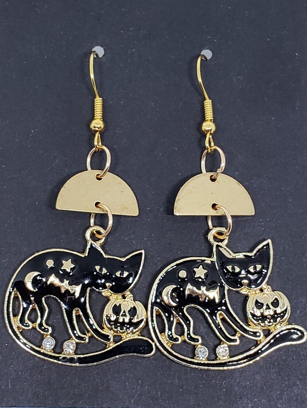 Handmade Metal Halloween Celestial Black and Gold Black Cat Moon Earrings